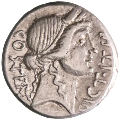 Roman Imperatorial: Julius Caesar, as dictator (49-44 BCE), silver denarius (3.76g), military mint in North Africa, 46 BCE. Head of Ceres / Symbols of the pontificate.