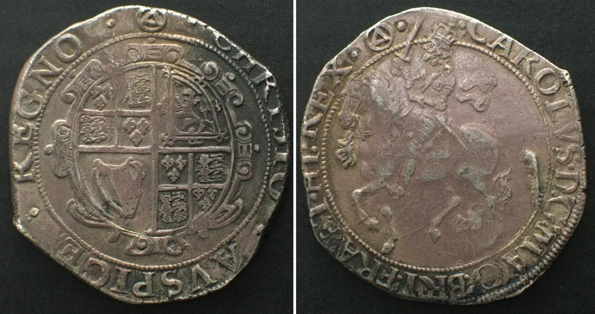 1641-1643 GREAT BRITAIN. 1/2 Crown ND (1641-43) CHARLES I, 4th horseman, silver AU!