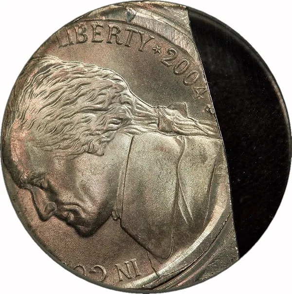 Jefferson Nickel, 2004, Off Center, Straight Clip., 5¢, MS64 , ICG, Peace Medal Rev.