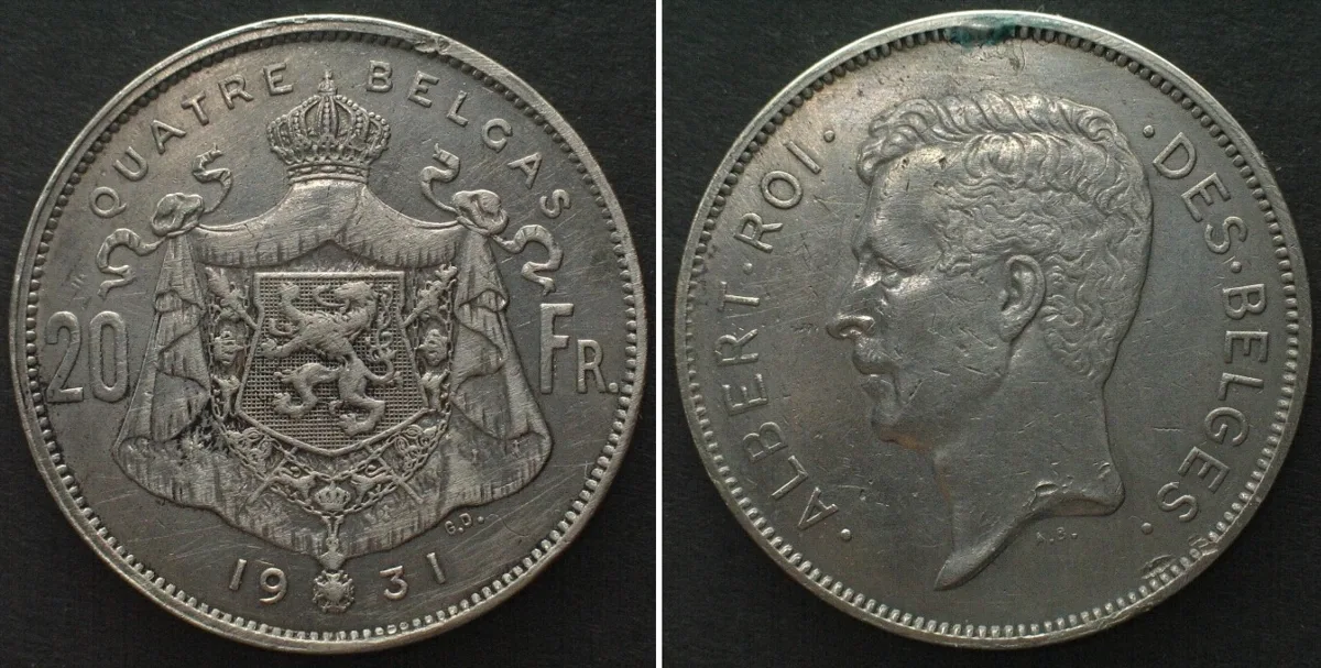 1931 BELGIUM 20 Francs (QUATRE BELGAS) 1931 Pos. B, ALBERT I nickel AU