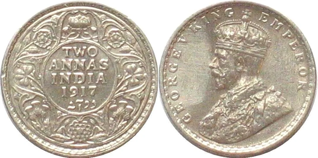 1917 INDIA BRITISH 2 Annas 1917 GEORGE V Calcutta mint silver UNC!