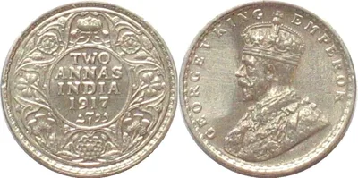 1917 INDIA BRITISH 2 Annas 1917 GEORGE V Calcutta mint silver UNC!