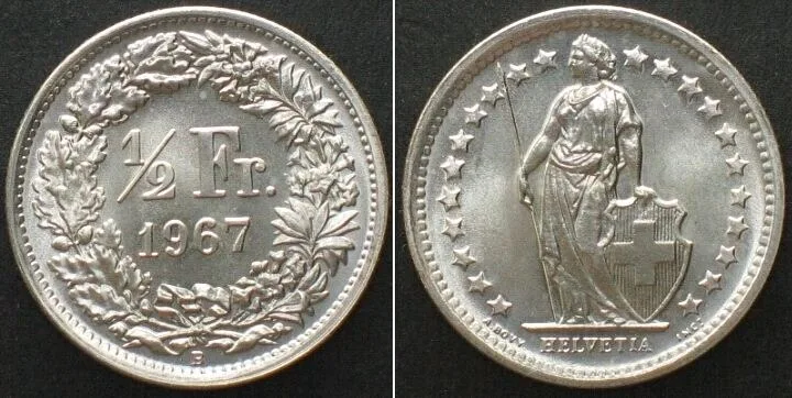 1967 SWITZERLAND 1/2 Franc 1967 silver BU!!!