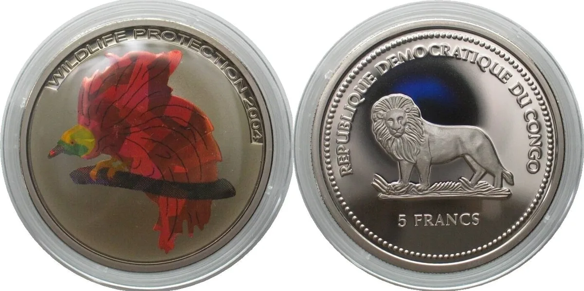 2004 CONGO 5 Francs 2004 Bird of Paradise WILDLIFE PROTECTION Cu-Ni HOLOGRAM Proof