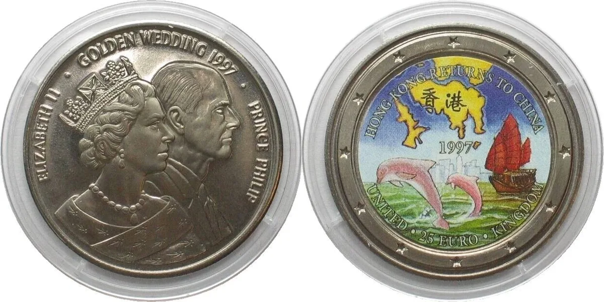 1997 UK 25 Euro 1997 Map HONG KONG RETURNS TO CHINA / GOLDEN WEDDING Cu-Ni BU