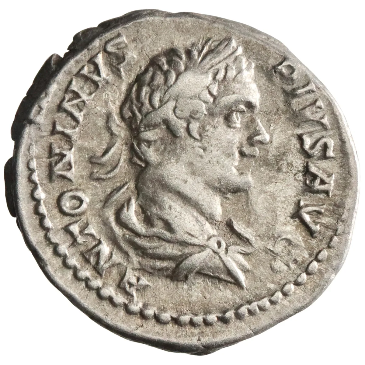 Roman: Caracalla (198-217), silver denarius (3.48g), Rome mint, 205 CE. Laureate draped bust / Felicitas standing, holding caduceus and cornucopia.