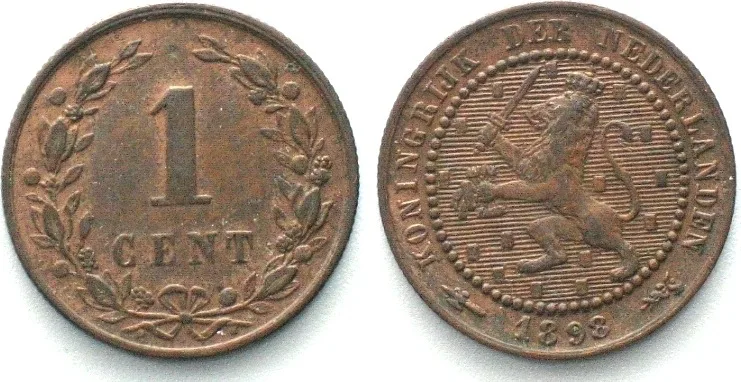 1898 NETHERLANDS 1 Cent 1898 WILHELMINA bronze AU!
