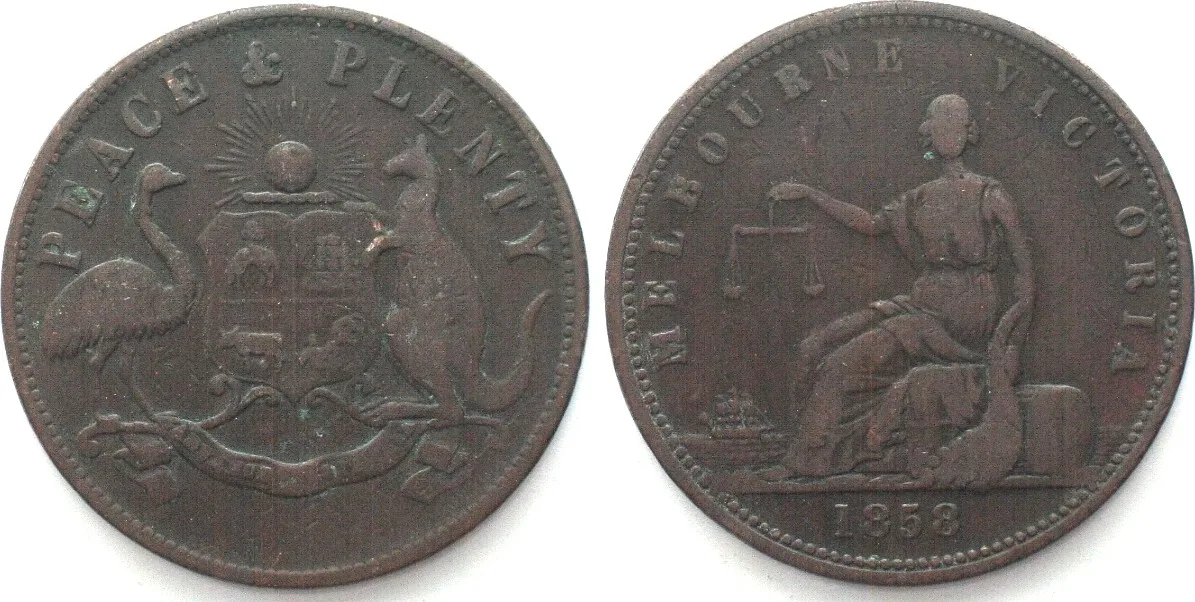 1858 AUSTRALIA. Penny Token 1858, PEACE & PLENTY, MELBOURNE VICTORIA, copper VF