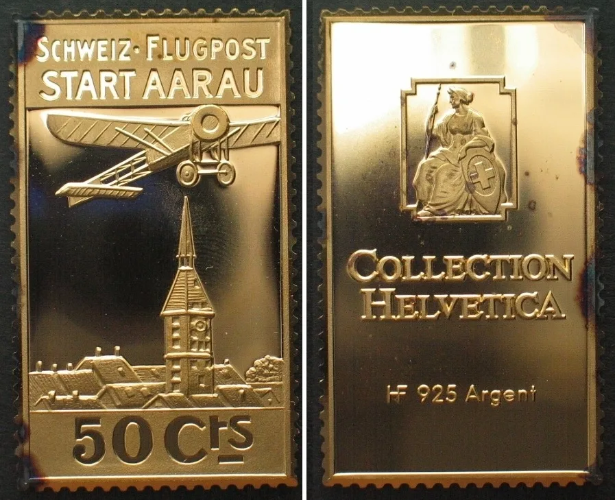 1985 COLLECTION HELVETICA, Flugpostläufer Aarau, 1913, silver ingot Proof
