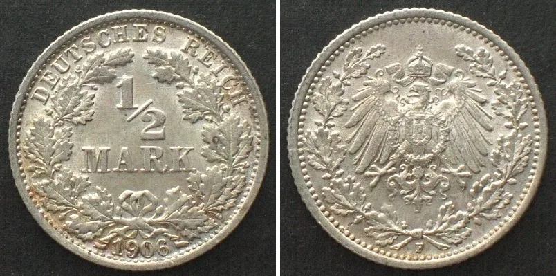 1906 Germany EMPIRE 1/2 Mark 1906 F, silver, EARLY STRIKE SPECIMEN!
