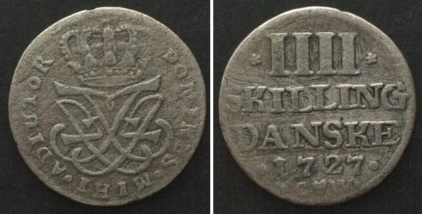 1727 DENMARK. 4 Skilling 1727, FREDERIK IV, silver VF