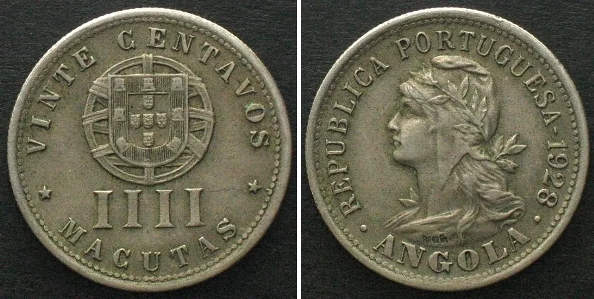 1928 PORTUGUESE ANGOLA 20 Centavos (4 Macutas) 1928 Cu-Ni AU!