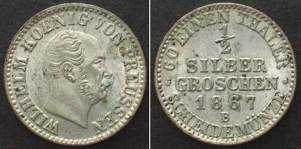 1867 German PRUSSIA 1/2 Silbergroschen 1867 B, WILHELM I, billon UNC!