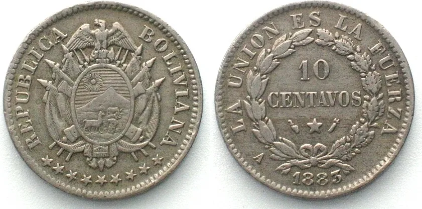 1883 BOLIVIA 10 Centavos 1883 A, Cu-Ni, unholed, SCARCE! aXF EF-