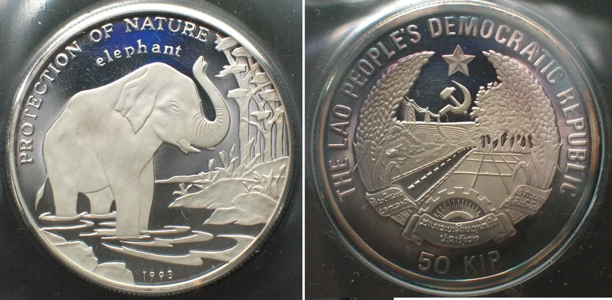 1993 LAO 50 Kip 1993 Elephant WILDLIFE PROTECTION silver Proof
