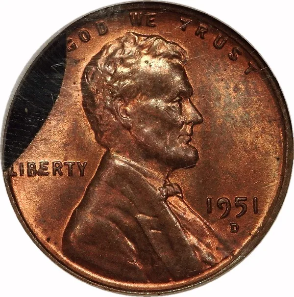 Lincoln Cent, 1951-D, 15% Curved Clip, 1¢, MS64 RB, NGC