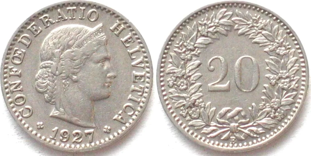 1927 SWITZERLAND 20 Rappen 1927 nickel XF! EF