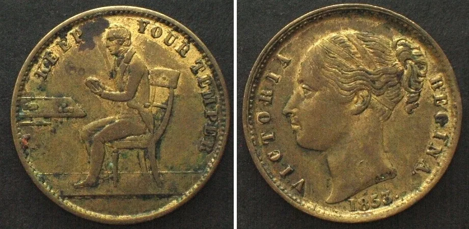 1853 KEEP YOUR TEMPER 1853 Brass counter gaming token VICTORIA REGINA 22mm AU