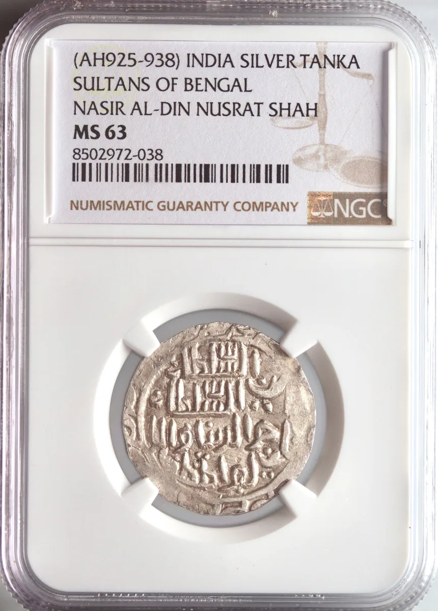 Bengal: Nasir al-Din Nusrat Shah (1519-1531), silver tanka, AH 925-938 (1519-1531 CE). NGC MS 63.