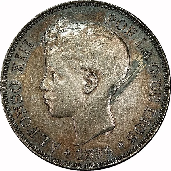 Spain, 1896, PGV, 5 Peseta, AU