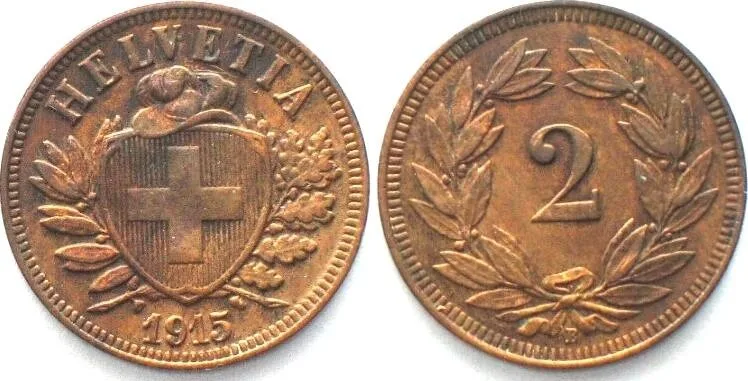 1915 SWITZERLAND 2 Rappen 1915 Bronze XF