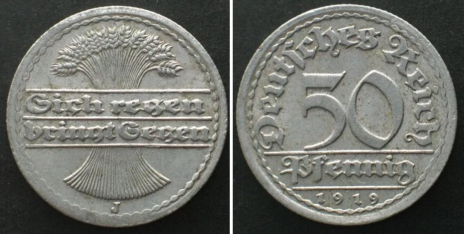 1919 Germany WEIMAR REPUBLIC 50 Pfennig 1919 J, Alu, KEY DATE! XF EF
