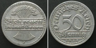 1919 Germany WEIMAR REPUBLIC 50 Pfennig 1919 J, Alu, KEY DATE! XF EF