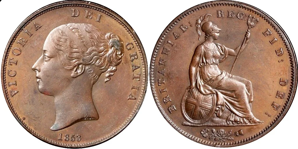 1853 Great Britain, Victoria 1st head, Large Penny in nUNC toned