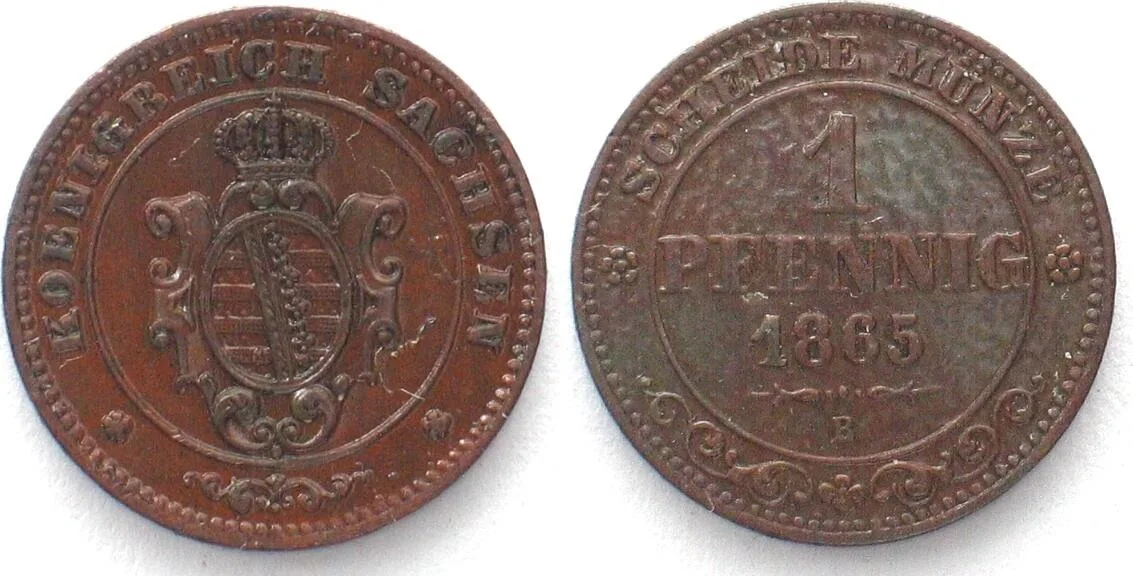 1865 SAXONY Kingdom 1 Pfennig 1865 B JOHANN copper UNC!