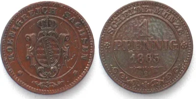 1865 SAXONY Kingdom 1 Pfennig 1865 B JOHANN copper UNC!