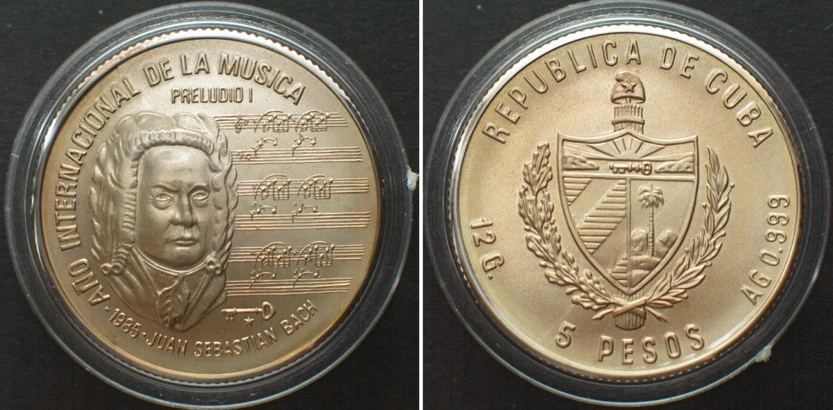 1985 CUBA. 5 Pesos 1985, International Year of Music, Bach, silver, BU