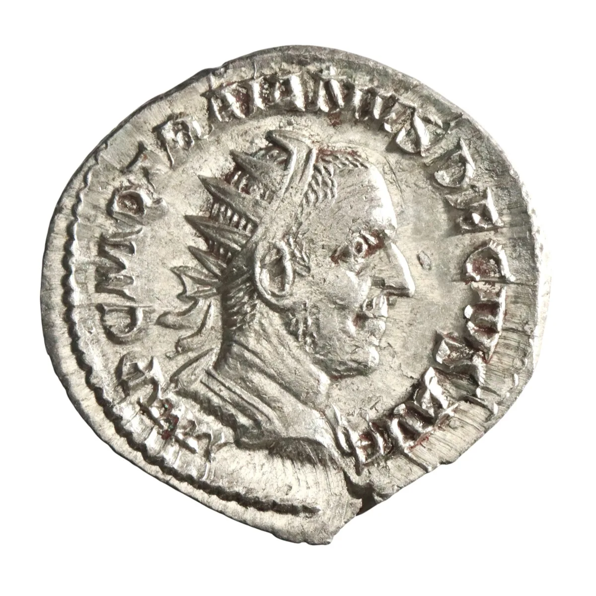 Roman: Trajan Decius (249-251), silver antoninianus (3.45g), Rome mint, 249-251 CE. Radiate bust, draped and cuirassed / Genius standing, polos on head, holding patera and cornucopiae, standard to right.