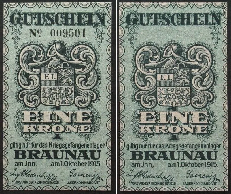 1915 AUSTRIA. Notgeld. POW Camp BRAUNAU 1 Krone 1915, UNC