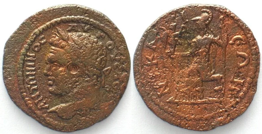 198-217 Bithynia NIKAIA AE 24mm of CARACALLA 196-217 Athena seated holding Nike EF