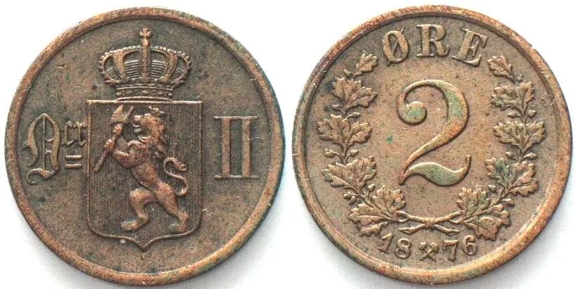 1876 NORWAY. 2 Ore 1876, Oscar II, bronze, XF! EF