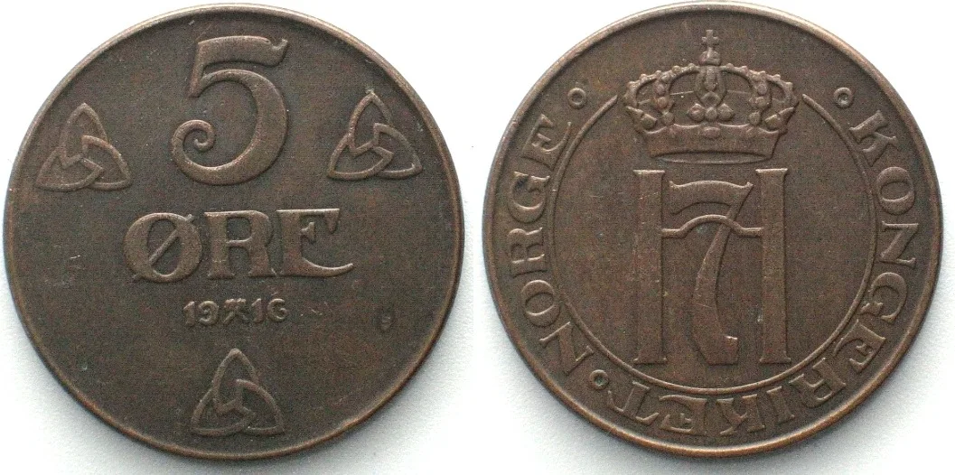 1916 NORWAY 5 Ore 1916 HAAKON VII bronze SCARCE DATE! EF