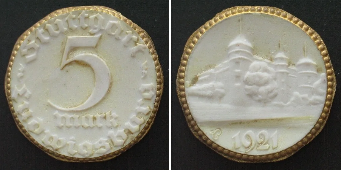 1921 Germany STUTTGART & LUDWIGSBURG 5 Mark 1921 NOTGELD white porcelain AU