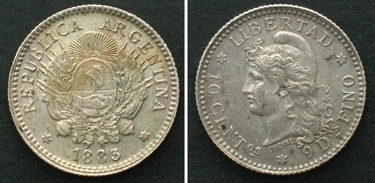 1883 ARGENTINA. 10 Centavos 1883, silver, AU!