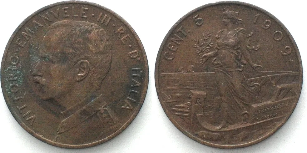 1909 ITALY 5 Centesimi 1909, VITTORIO EMANUELE III, copper XF EF