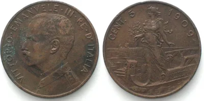 1909 ITALY 5 Centesimi 1909, VITTORIO EMANUELE III, copper XF EF