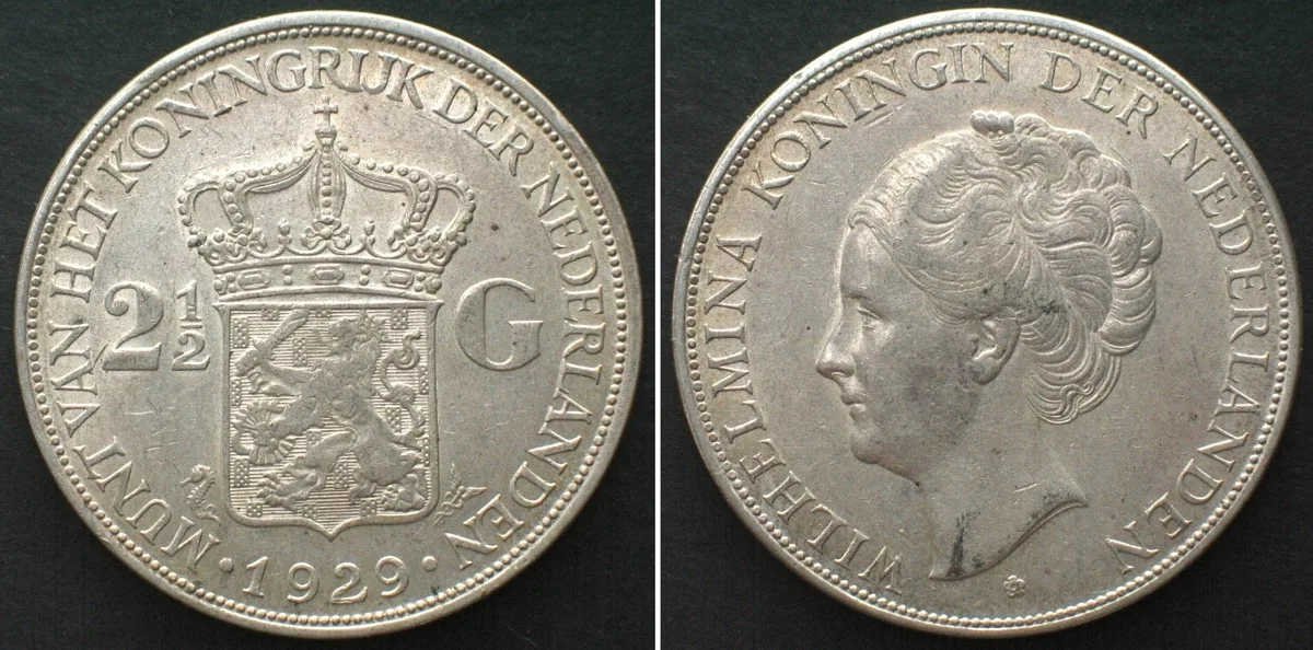 1929 NETHERLANDS 2-1/2 Gulden 1929 WILHELMINA silver AU!