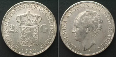 1929 NETHERLANDS 2-1/2 Gulden 1929 WILHELMINA silver AU!