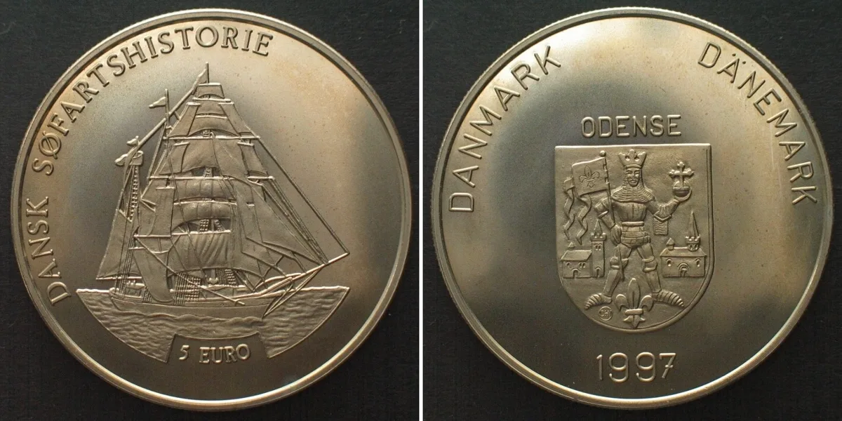 1997 DENMARK 5 Euro 1997 HISTORY of SEAFAHRING ODENSE Cu-Ni BU