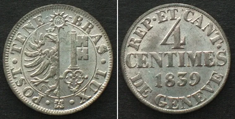 1839 Swiss Cantons GENEVA 4 Centimes 1839 billon UNC!!!