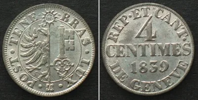 1839 Swiss Cantons GENEVA 4 Centimes 1839 billon UNC!!!
