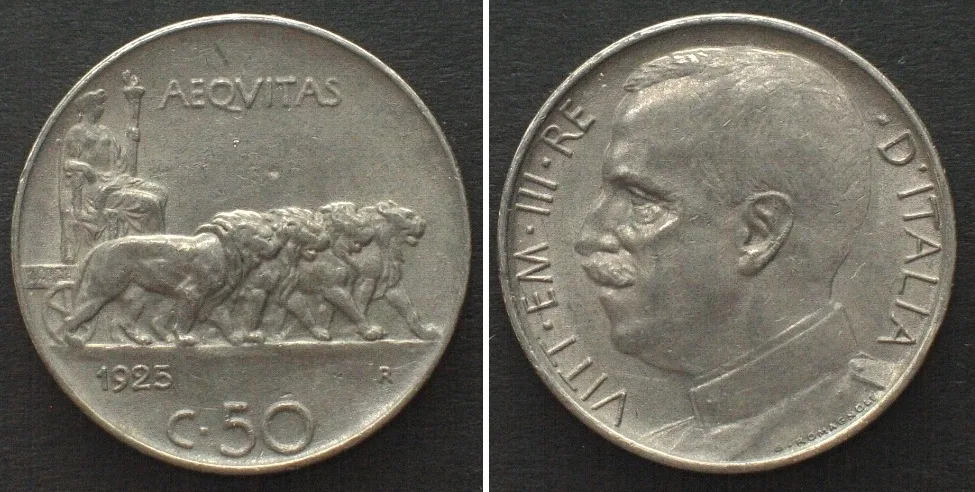 1925 ITALY. 50 Centesimi 1925 plain edge VITTORIO EMANUELE III nickel UNC-!!!