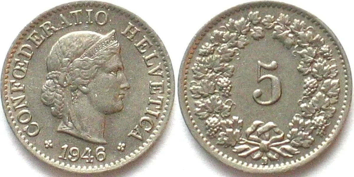 1946 SWITZERLAND 5 Rappen 1946 Cu-Ni AU!
