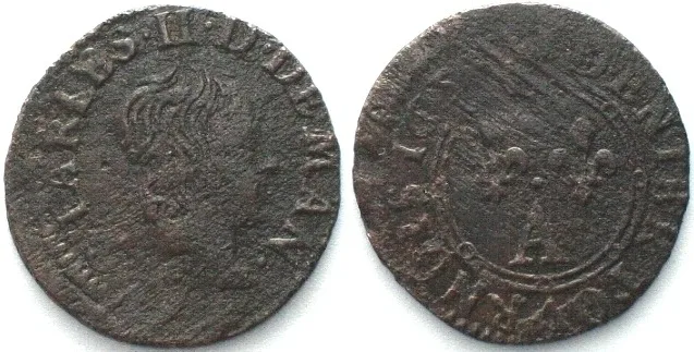 1653 NEVERS & RETHEL Denier 1653 A CHARLES II of GONZAGA copper XF! EF
