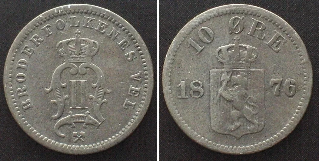 1876 NORWAY 10 Ore 1876 OSCAR II silver VF