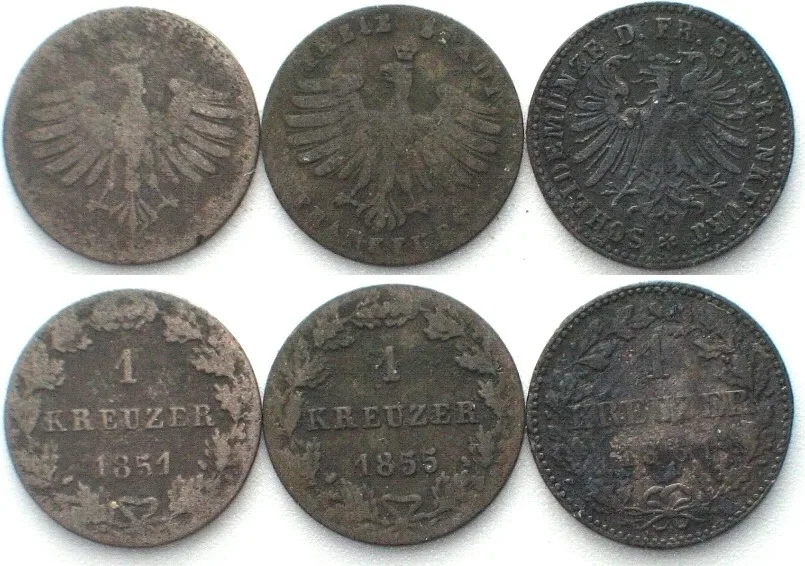 1851-1861 German States FRANKFURT. 3 x 1 Kreuzer 1851,1855,1861, billon F-VF